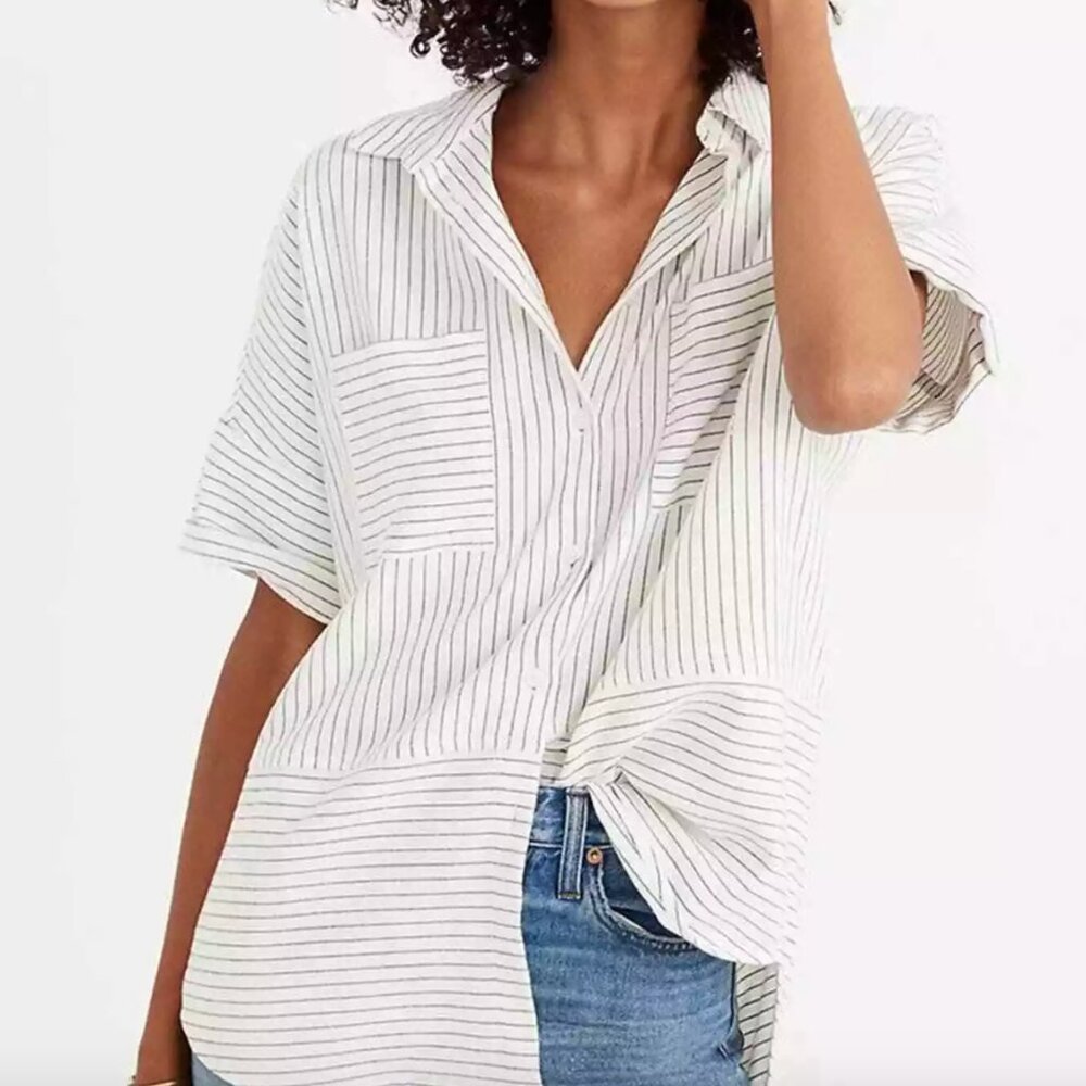 Madewell Flannel Courier Short-Sleeve Shirt - Bright Ivory Jones Stripe - S